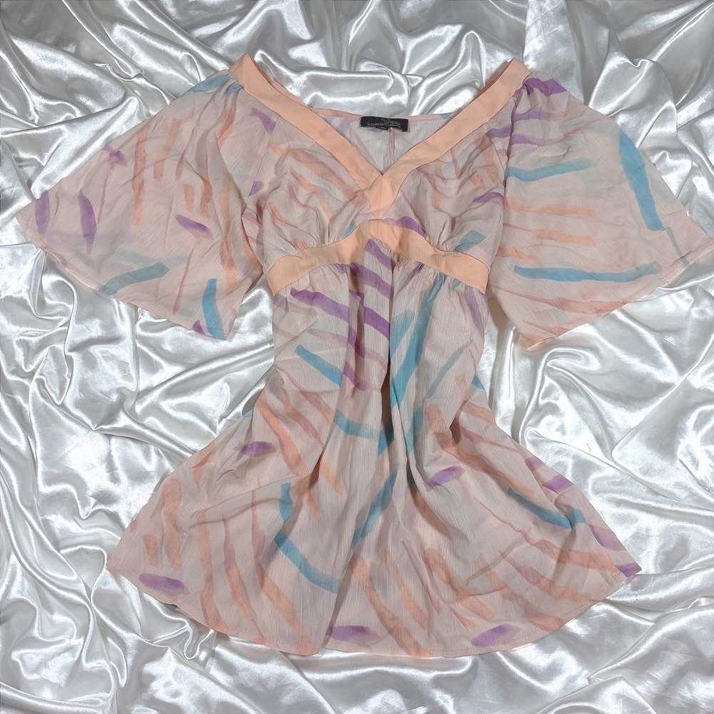y2k Blouse Peach Excellent Suzanne Betro Abstract Flutter Sleeve Empire Waist L